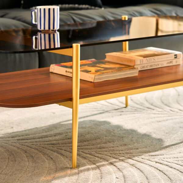AGV LIGHTING Tadio Glass Coffee Table, Mid-Century Modern Coffee Table for Living Room, Gold Finish Leg, Coffee Brown Glass Top & Walnut Shelf, 41 in Length