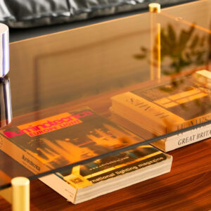 AGV LIGHTING Tadio Glass Coffee Table, Mid-Century Modern Coffee Table for Living Room, Gold Finish Leg, Coffee Brown Glass Top & Walnut Shelf, 41 in Length