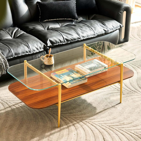 AGV LIGHTING Tadio Glass Coffee Table, Mid-Century Modern Coffee Table for Living Room, Gold Finish Leg, Coffee Brown Glass Top & Walnut Shelf, 41 in Length