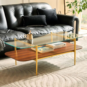 AGV LIGHTING Tadio Glass Coffee Table, Mid-Century Modern Coffee Table for Living Room, Gold Finish Leg, Coffee Brown Glass Top & Walnut Shelf, 41 in Length