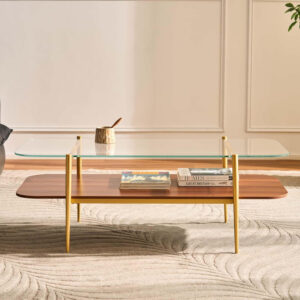 AGV LIGHTING Tadio Glass Coffee Table, Mid-Century Modern Coffee Table for Living Room, Gold Finish Leg, Coffee Brown Glass Top & Walnut Shelf, 41 in Length