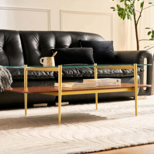 AGV LIGHTING Tadio Glass Coffee Table, Mid-Century Modern Coffee Table for Living Room, Gold Finish Leg, Coffee Brown Glass Top & Walnut Shelf, 41 in Length