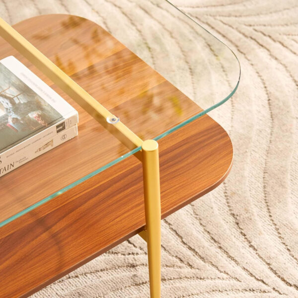 AGV LIGHTING Tadio Glass Coffee Table, Mid-Century Modern Coffee Table for Living Room, Gold Finish Leg, Coffee Brown Glass Top & Walnut Shelf, 41 in Length