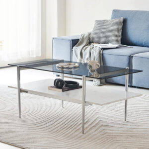 AGV LIGHTING Tadio Glass Coffee Table, Mid-Century Modern Coffee Table for Living Room, Gold Finish Leg, Coffee Brown Glass Top & Walnut Shelf, 41 in Length