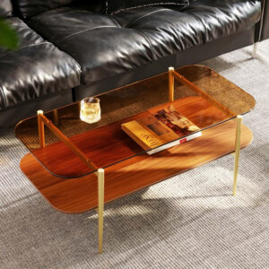 AGV LIGHTING Tadio Glass Coffee Table, Mid-Century Modern Coffee Table for Living Room, Gold Finish Leg, Coffee Brown Glass Top & Walnut Shelf, 41 in Length