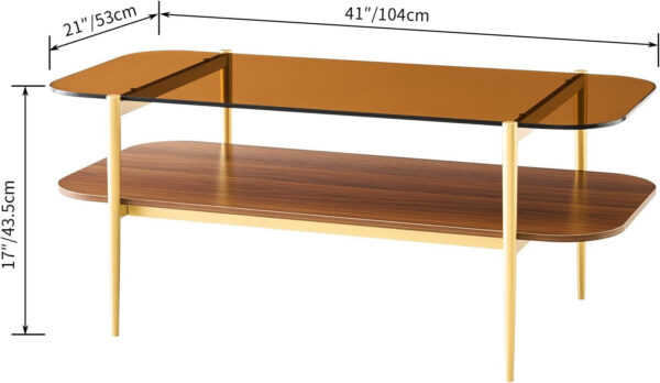 AGV LIGHTING Tadio Glass Coffee Table, Mid-Century Modern Coffee Table for Living Room, Gold Finish Leg, Coffee Brown Glass Top & Walnut Shelf, 41 in Length