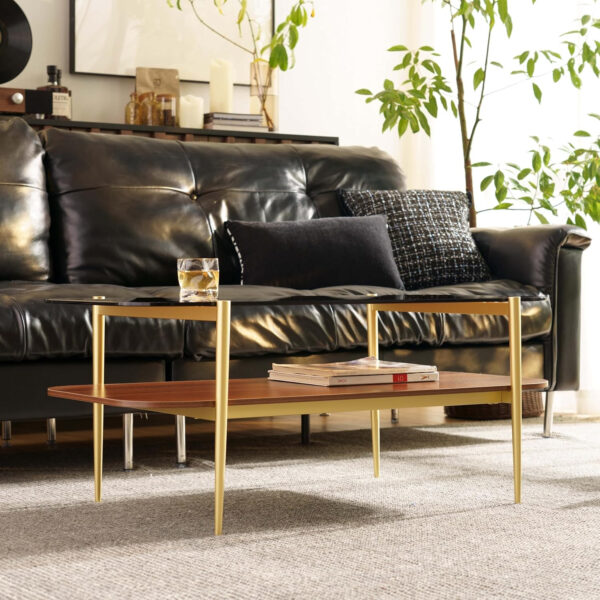 AGV LIGHTING Tadio Glass Coffee Table, Mid-Century Modern Coffee Table for Living Room, Gold Finish Leg, Coffee Brown Glass Top & Walnut Shelf, 41 in Length