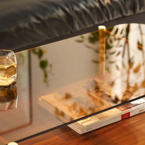 AGV LIGHTING Tadio Glass Coffee Table, Mid-Century Modern Coffee Table for Living Room, Gold Finish Leg, Coffee Brown Glass Top & Walnut Shelf, 41 in Length