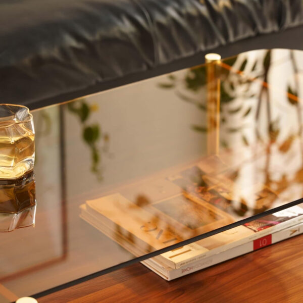 AGV LIGHTING Tadio Glass Coffee Table, Mid-Century Modern Coffee Table for Living Room, Gold Finish Leg, Coffee Brown Glass Top & Walnut Shelf, 41 in Length