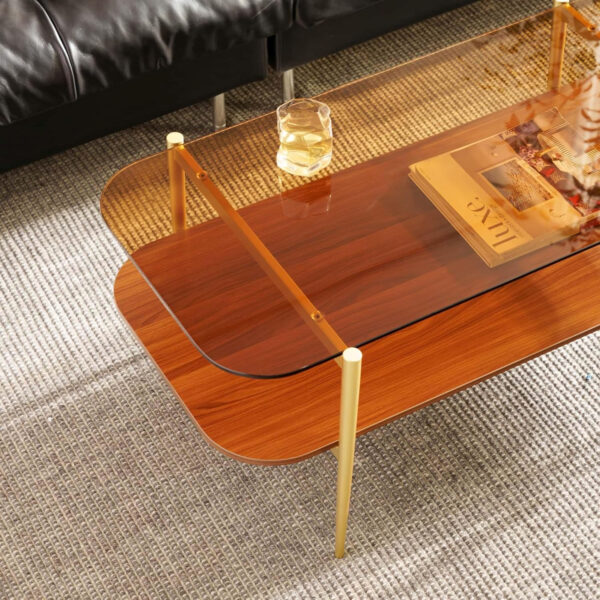 AGV LIGHTING Tadio Glass Coffee Table, Mid-Century Modern Coffee Table for Living Room, Gold Finish Leg, Coffee Brown Glass Top & Walnut Shelf, 41 in Length