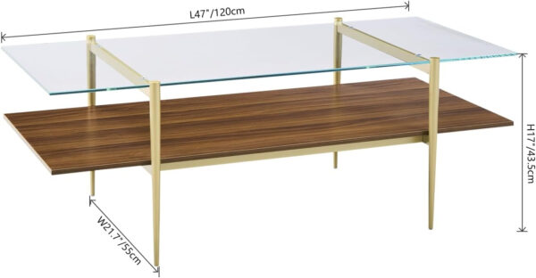 AGV LIGHTING Tadio Glass Coffee Table, Mid-Century Modern Coffee Table for Living Room, Gold Finish Leg, Coffee Brown Glass Top & Walnut Shelf, 41 in Length
