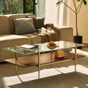 AGV LIGHTING Tadio Glass Coffee Table, Mid-Century Modern Coffee Table for Living Room, Gold Finish Leg, Coffee Brown Glass Top & Walnut Shelf, 41 in Length