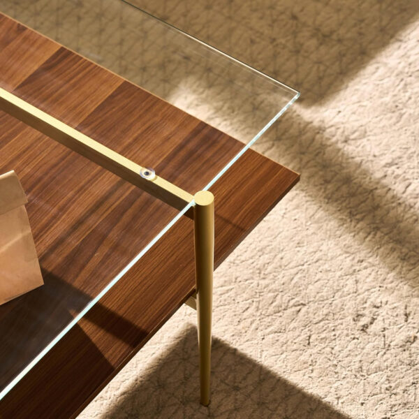 AGV LIGHTING Tadio Glass Coffee Table, Mid-Century Modern Coffee Table for Living Room, Gold Finish Leg, Coffee Brown Glass Top & Walnut Shelf, 41 in Length