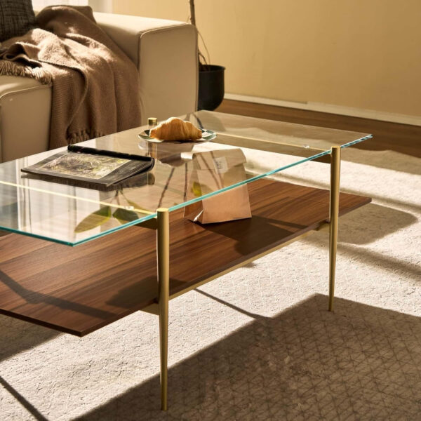 AGV LIGHTING Tadio Glass Coffee Table, Mid-Century Modern Coffee Table for Living Room, Gold Finish Leg, Coffee Brown Glass Top & Walnut Shelf, 41 in Length