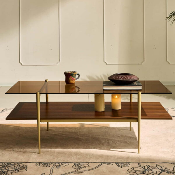 AGV LIGHTING Tadio Glass Coffee Table, Mid-Century Modern Coffee Table for Living Room, Gold Finish Leg, Coffee Brown Glass Top & Walnut Shelf, 41 in Length