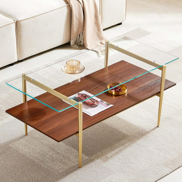 AGV LIGHTING Tadio Glass Coffee Table, Mid-Century Modern Coffee Table for Living Room, Gold Finish Leg, Coffee Brown Glass Top & Walnut Shelf, 41 in Length