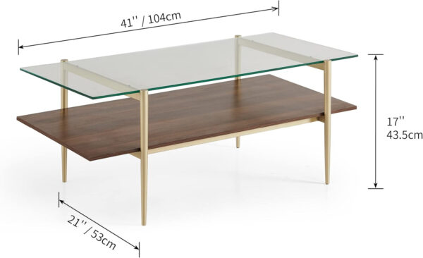 AGV LIGHTING Tadio Glass Coffee Table, Mid-Century Modern Coffee Table for Living Room, Gold Finish Leg, Coffee Brown Glass Top & Walnut Shelf, 41 in Length