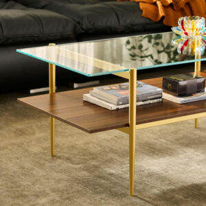AGV LIGHTING Tadio Glass Coffee Table, Mid-Century Modern Coffee Table for Living Room, Gold Finish Leg, Coffee Brown Glass Top & Walnut Shelf, 41 in Length