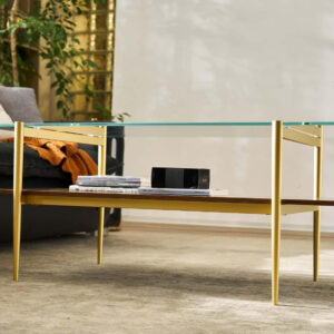 AGV LIGHTING Tadio Glass Coffee Table, Mid-Century Modern Coffee Table for Living Room, Gold Finish Leg, Coffee Brown Glass Top & Walnut Shelf, 41 in Length