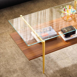 AGV LIGHTING Tadio Glass Coffee Table, Mid-Century Modern Coffee Table for Living Room, Gold Finish Leg, Coffee Brown Glass Top & Walnut Shelf, 41 in Length