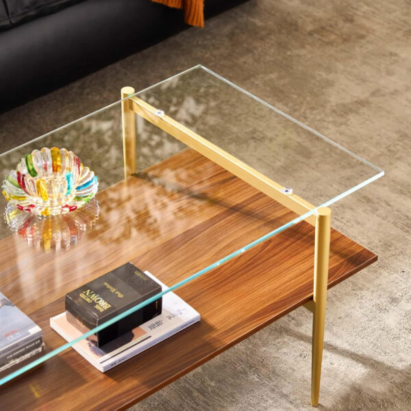 AGV LIGHTING Tadio Glass Coffee Table, Mid-Century Modern Coffee Table for Living Room, Gold Finish Leg, Coffee Brown Glass Top & Walnut Shelf, 41 in Length