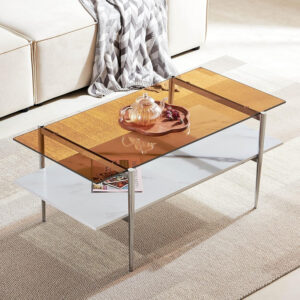 AGV LIGHTING Tadio Glass Coffee Table, Mid-Century Modern Coffee Table for Living Room, Gold Finish Leg, Coffee Brown Glass Top & Walnut Shelf, 41 in Length