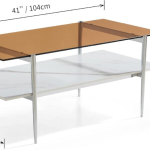 AGV LIGHTING Tadio Glass Coffee Table, Mid-Century Modern Coffee Table for Living Room, Gold Finish Leg, Coffee Brown Glass Top & Walnut Shelf, 41 in Length