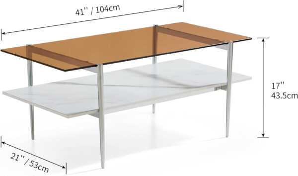 AGV LIGHTING Tadio Glass Coffee Table, Mid-Century Modern Coffee Table for Living Room, Gold Finish Leg, Coffee Brown Glass Top & Walnut Shelf, 41 in Length