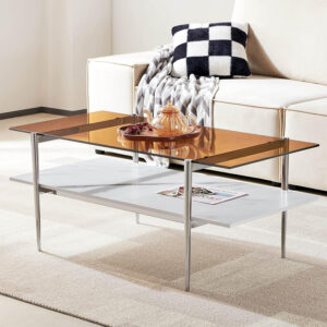 AGV LIGHTING Tadio Glass Coffee Table, Mid-Century Modern Coffee Table for Living Room, Gold Finish Leg, Coffee Brown Glass Top & Walnut Shelf, 41 in Length