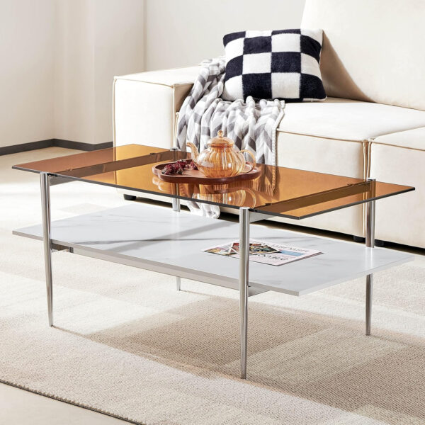 AGV LIGHTING Tadio Glass Coffee Table, Mid-Century Modern Coffee Table for Living Room, Gold Finish Leg, Coffee Brown Glass Top & Walnut Shelf, 41 in Length