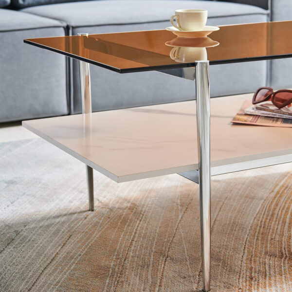 AGV LIGHTING Tadio Glass Coffee Table, Mid-Century Modern Coffee Table for Living Room, Gold Finish Leg, Coffee Brown Glass Top & Walnut Shelf, 41 in Length