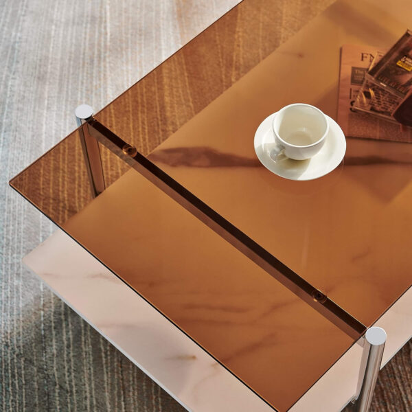 AGV LIGHTING Tadio Glass Coffee Table, Mid-Century Modern Coffee Table for Living Room, Gold Finish Leg, Coffee Brown Glass Top & Walnut Shelf, 41 in Length