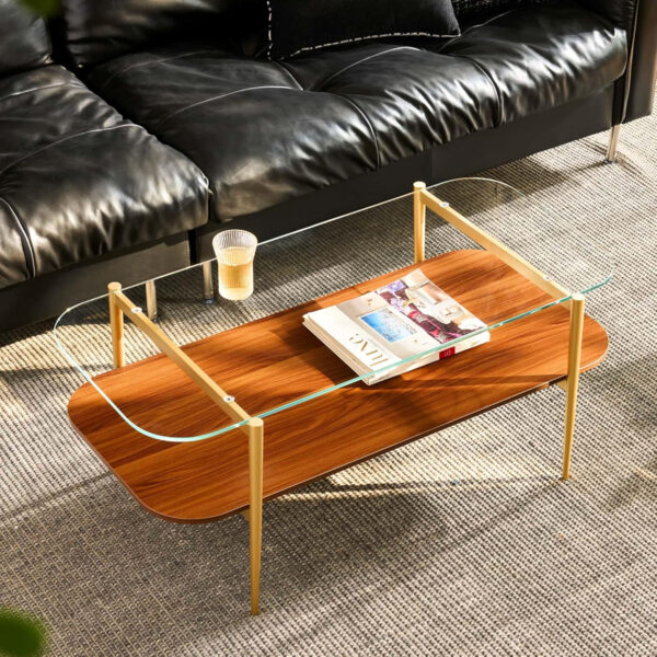 AGV LIGHTING Tadio Glass Coffee Table, Mid-Century Modern Coffee Table for Living Room, Gold Finish Leg, Coffee Brown Glass Top & Walnut Shelf, 41 in Length