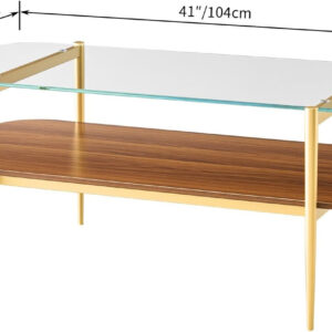 AGV LIGHTING Tadio Glass Coffee Table, Mid-Century Modern Coffee Table for Living Room, Gold Finish Leg, Coffee Brown Glass Top & Walnut Shelf, 41 in Length