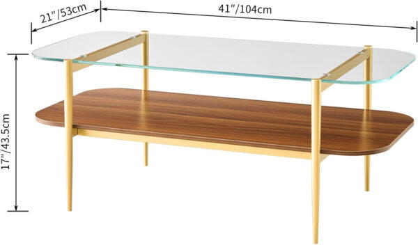 AGV LIGHTING Tadio Glass Coffee Table, Mid-Century Modern Coffee Table for Living Room, Gold Finish Leg, Coffee Brown Glass Top & Walnut Shelf, 41 in Length