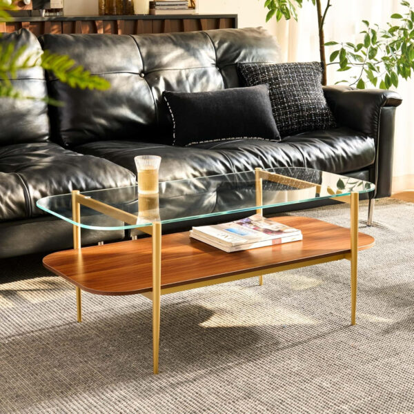 AGV LIGHTING Tadio Glass Coffee Table, Mid-Century Modern Coffee Table for Living Room, Gold Finish Leg, Coffee Brown Glass Top & Walnut Shelf, 41 in Length