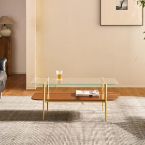 AGV LIGHTING Tadio Glass Coffee Table, Mid-Century Modern Coffee Table for Living Room, Gold Finish Leg, Coffee Brown Glass Top & Walnut Shelf, 41 in Length