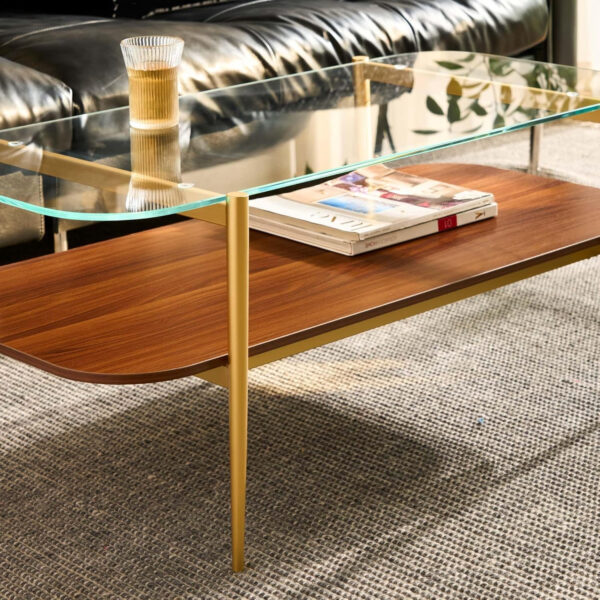 AGV LIGHTING Tadio Glass Coffee Table, Mid-Century Modern Coffee Table for Living Room, Gold Finish Leg, Coffee Brown Glass Top & Walnut Shelf, 41 in Length