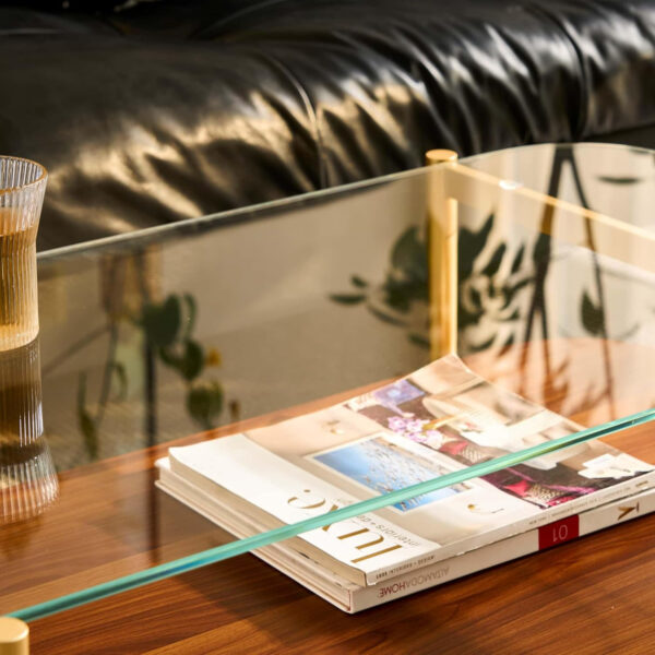 AGV LIGHTING Tadio Glass Coffee Table, Mid-Century Modern Coffee Table for Living Room, Gold Finish Leg, Coffee Brown Glass Top & Walnut Shelf, 41 in Length