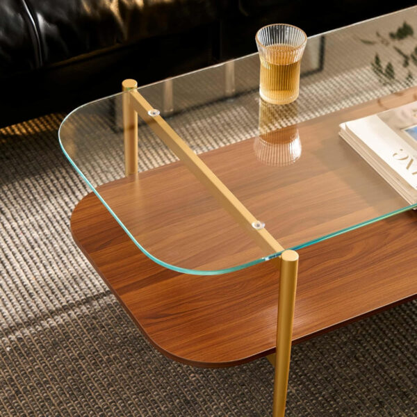 AGV LIGHTING Tadio Glass Coffee Table, Mid-Century Modern Coffee Table for Living Room, Gold Finish Leg, Coffee Brown Glass Top & Walnut Shelf, 41 in Length