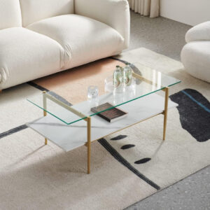 AGV LIGHTING Tadio Glass Coffee Table, Mid-Century Modern Coffee Table for Living Room, Gold Finish Leg, Coffee Brown Glass Top & Walnut Shelf, 41 in Length