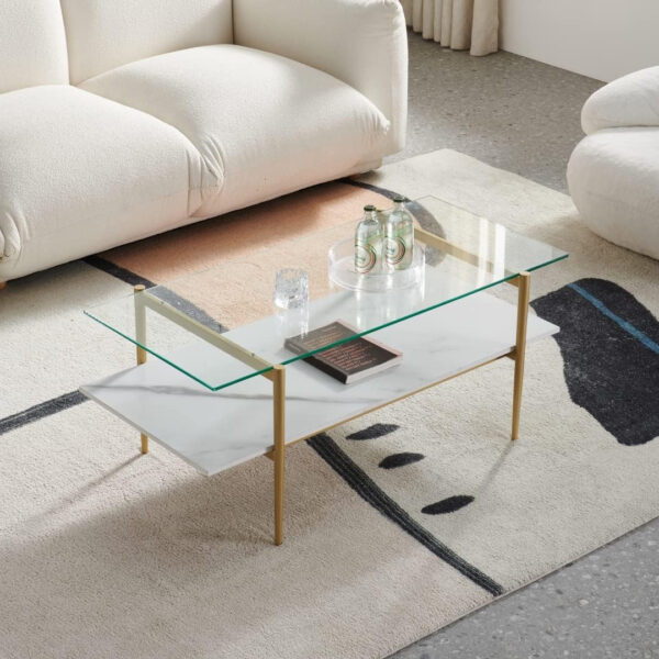 AGV LIGHTING Tadio Glass Coffee Table, Mid-Century Modern Coffee Table for Living Room, Gold Finish Leg, Coffee Brown Glass Top & Walnut Shelf, 41 in Length