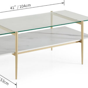 AGV LIGHTING Tadio Glass Coffee Table, Mid-Century Modern Coffee Table for Living Room, Gold Finish Leg, Coffee Brown Glass Top & Walnut Shelf, 41 in Length