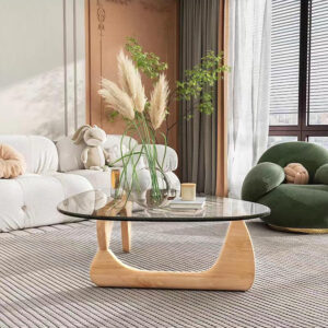 Small Coffee Table Modern Glass Coffee Table, Mid Century Coffee Table for Living Room, Mesa de Centro para Sala, Rustic Oval Coffee Table with Glass Top & Wood Base, (Walnut Brown, 31.5in)