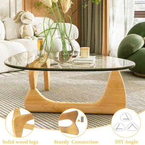 Small Coffee Table Modern Glass Coffee Table, Mid Century Coffee Table for Living Room, Mesa de Centro para Sala, Rustic Oval Coffee Table with Glass Top & Wood Base, (Walnut Brown, 31.5in)