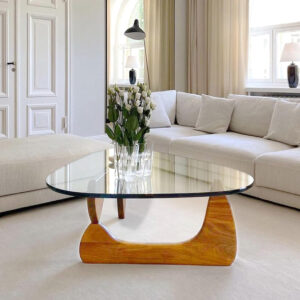 Small Coffee Table Modern Glass Coffee Table, Mid Century Coffee Table for Living Room, Mesa de Centro para Sala, Rustic Oval Coffee Table with Glass Top & Wood Base, (Walnut Brown, 31.5in)