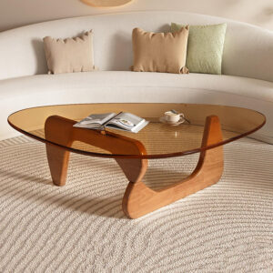 Small Coffee Table Modern Glass Coffee Table, Mid Century Coffee Table for Living Room, Mesa de Centro para Sala, Rustic Oval Coffee Table with Glass Top & Wood Base, (Walnut Brown, 31.5in)