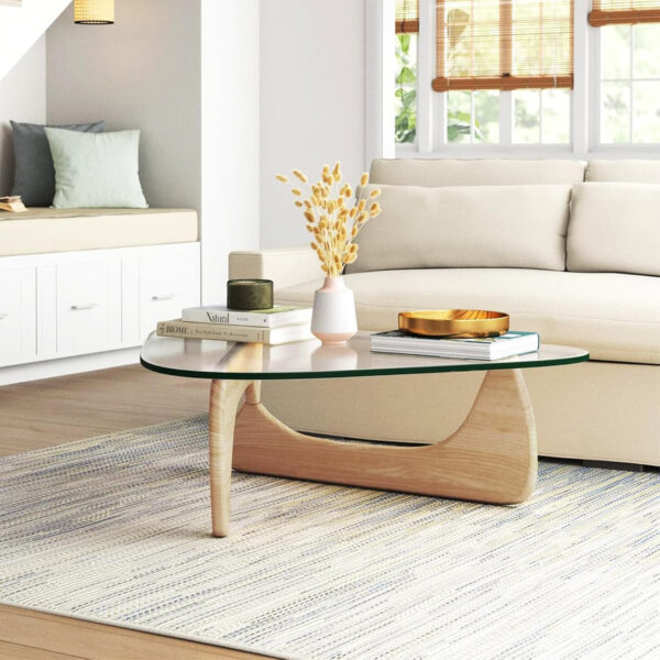 Small Coffee Table Modern Glass Coffee Table, Mid Century Coffee Table for Living Room, Mesa de Centro para Sala, Rustic Oval Coffee Table with Glass Top & Wood Base, (Walnut Brown, 31.5in)