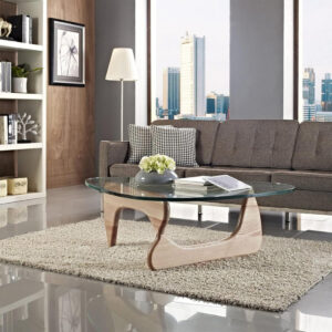 Small Coffee Table Modern Glass Coffee Table, Mid Century Coffee Table for Living Room, Mesa de Centro para Sala, Rustic Oval Coffee Table with Glass Top & Wood Base, (Walnut Brown, 31.5in)