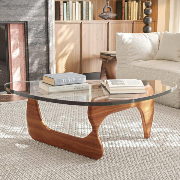 Small Coffee Table Modern Glass Coffee Table, Mid Century Coffee Table for Living Room, Mesa de Centro para Sala, Rustic Oval Coffee Table with Glass Top & Wood Base, (Walnut Brown, 31.5in)